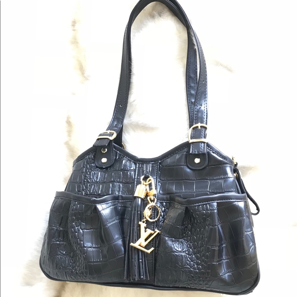 Black and Gold Travel Bag with Crocodile Texture